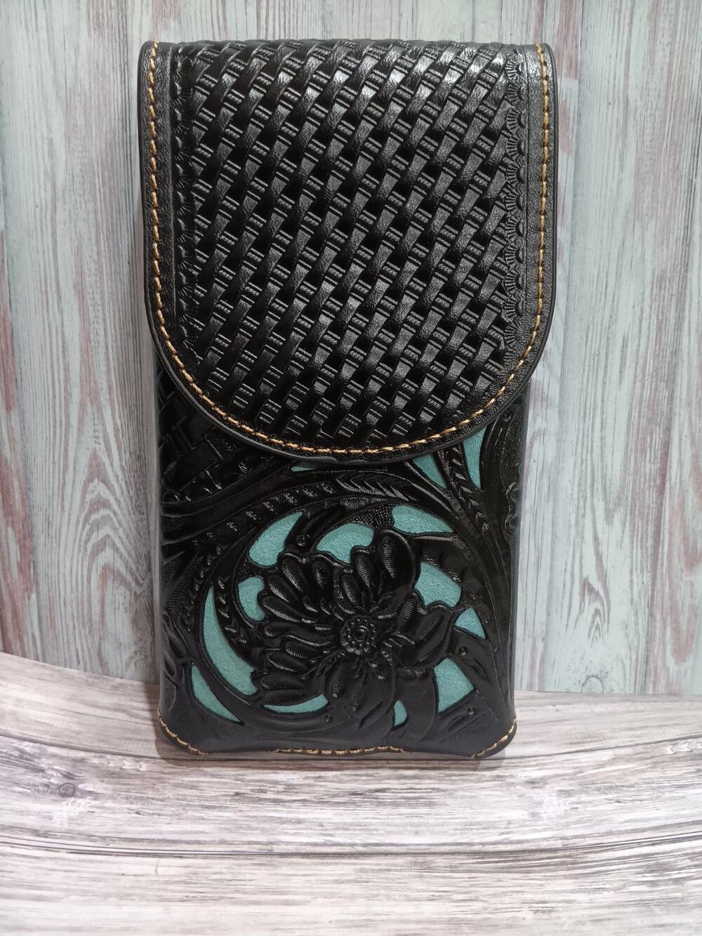 Western Cowboy Genuine Leather Phone Holster holder Black & Teal Lasercut 7x3.75